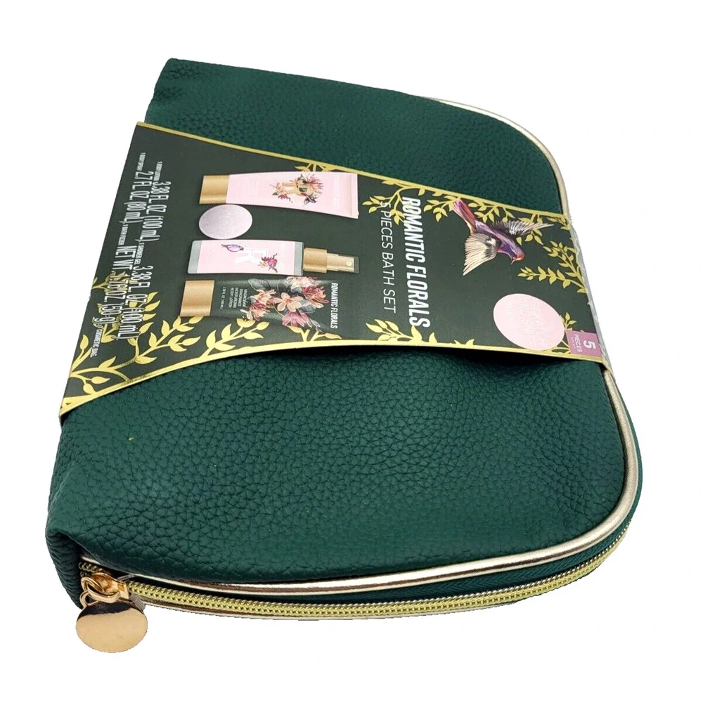 Romantic Florals 5 Piece Bath Set Lotion Shower Gel Body Spray in Green Bag YK